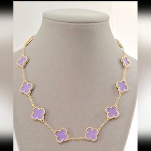 Gold filled & Purple Enamel double sided four leafs Clovers Necklace